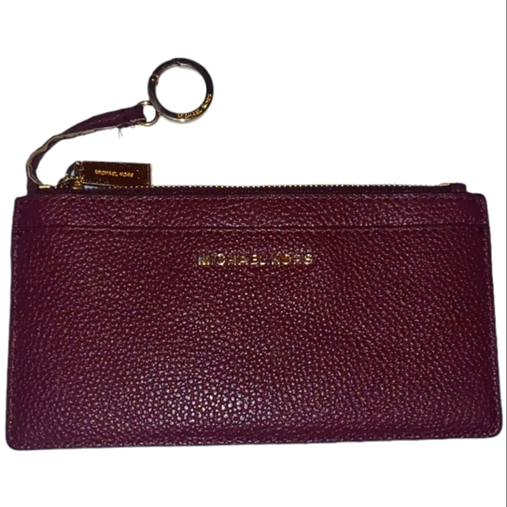 MICHAEL KORS BURGUNDY PEBBLED TEXTURE LEATHER CARDHOLDER WALLET W KEY 🔑 RING